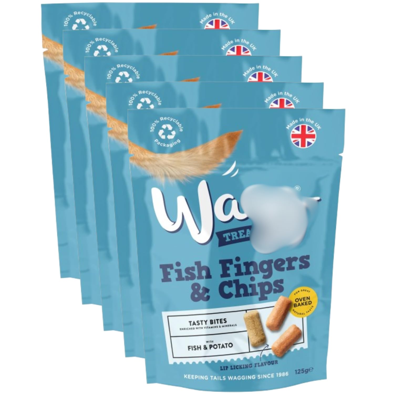 Fish Fingers & Chips Tasty Bites 125g x Pack of 5 - Fish & Potato - Delicious Treat for Your Dog, Enriched With Extra Vitamins and Minerals