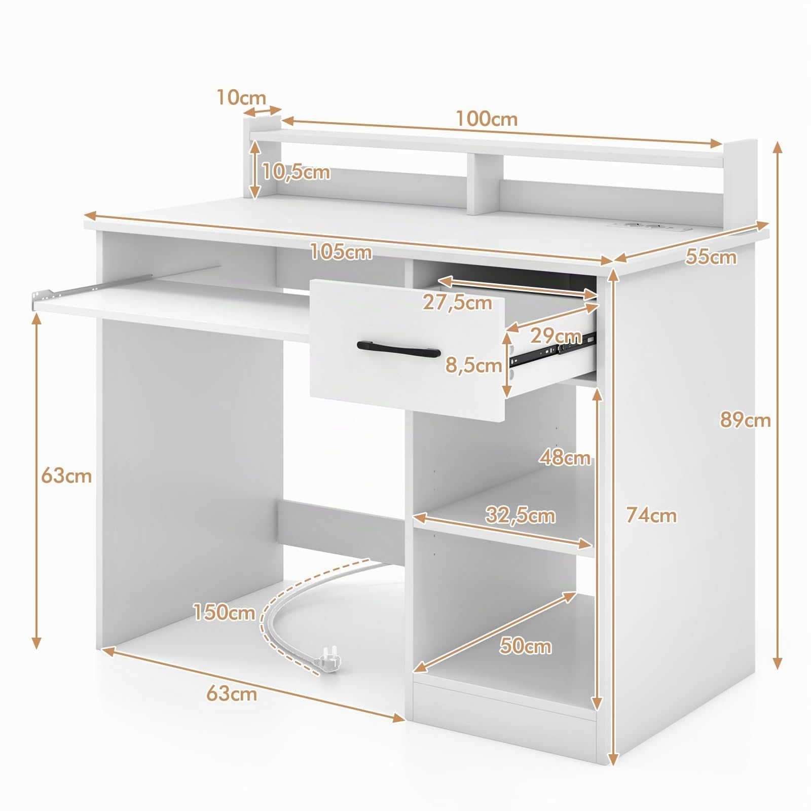 LIFEZEAL Scrivania Ufficio per Computer, con Cassetto, Supporto di Monitor, Vassoio per Tastiera, Salvaspazio, Postazione di Lavoro, Scrittoio, Tavolo Porta PC, Laptop, in Legno, Max 45kg, Bianco