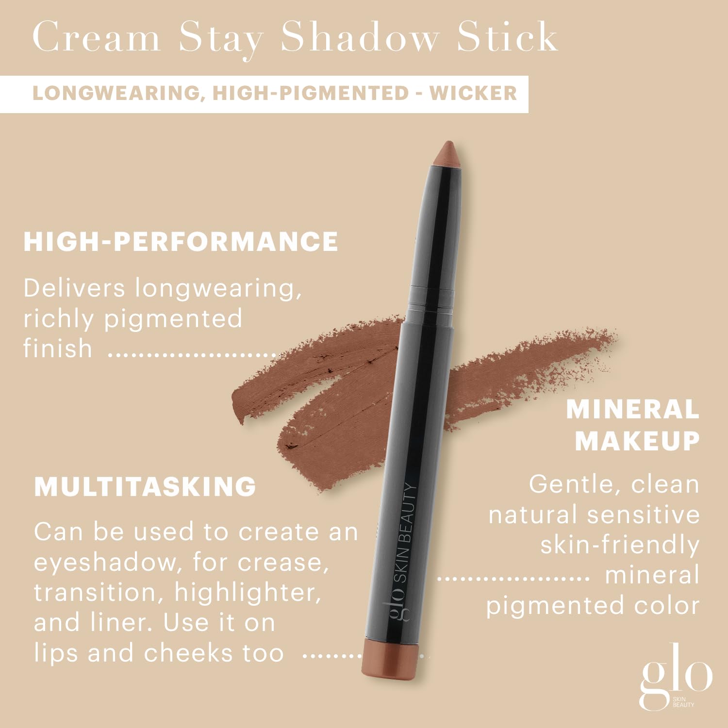 Glo Skin Beauty Cream Stay Shadow Stick (Wicker) - Multi-Purpose Eyeshadow Mineral Makeup Can Also Be Used as Liner on Lips or Cheeks, 12-Hours of Wear