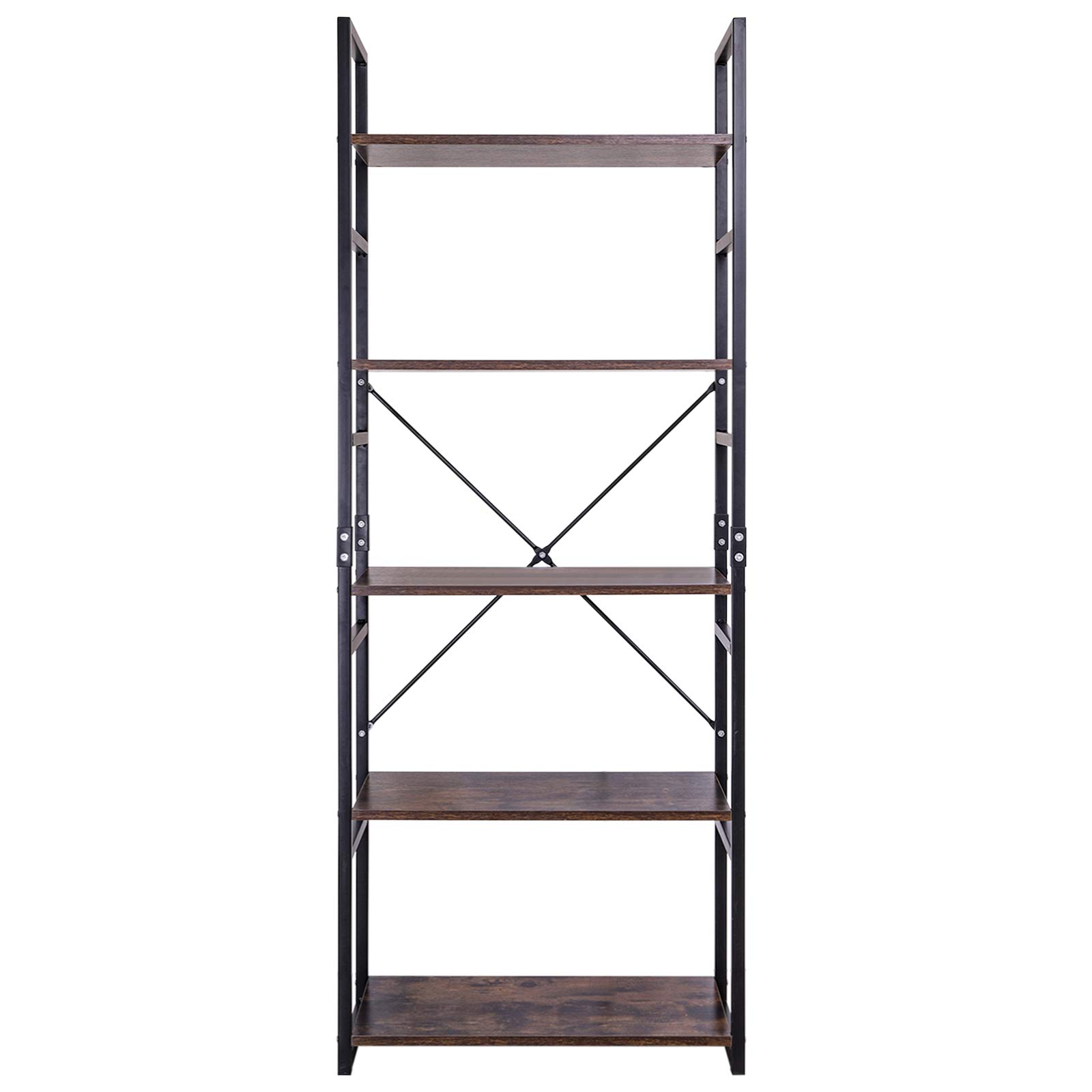 LLIVEKIT Bookshelf, Ladder Shelf, Wooden Shelf Unit, 5Tier Living Room Bookcase, Metal Frame
