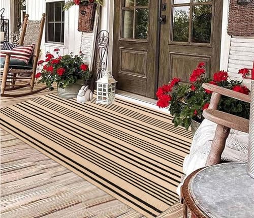 Outdoor Rug 3'x5'Tan Black Striped Layering Rug Farmhouse Front Porch Rug | Cotton Washable Door Mats Outdoor Woven Indoor/Outdoor Entryway Rug For Porch Entrance