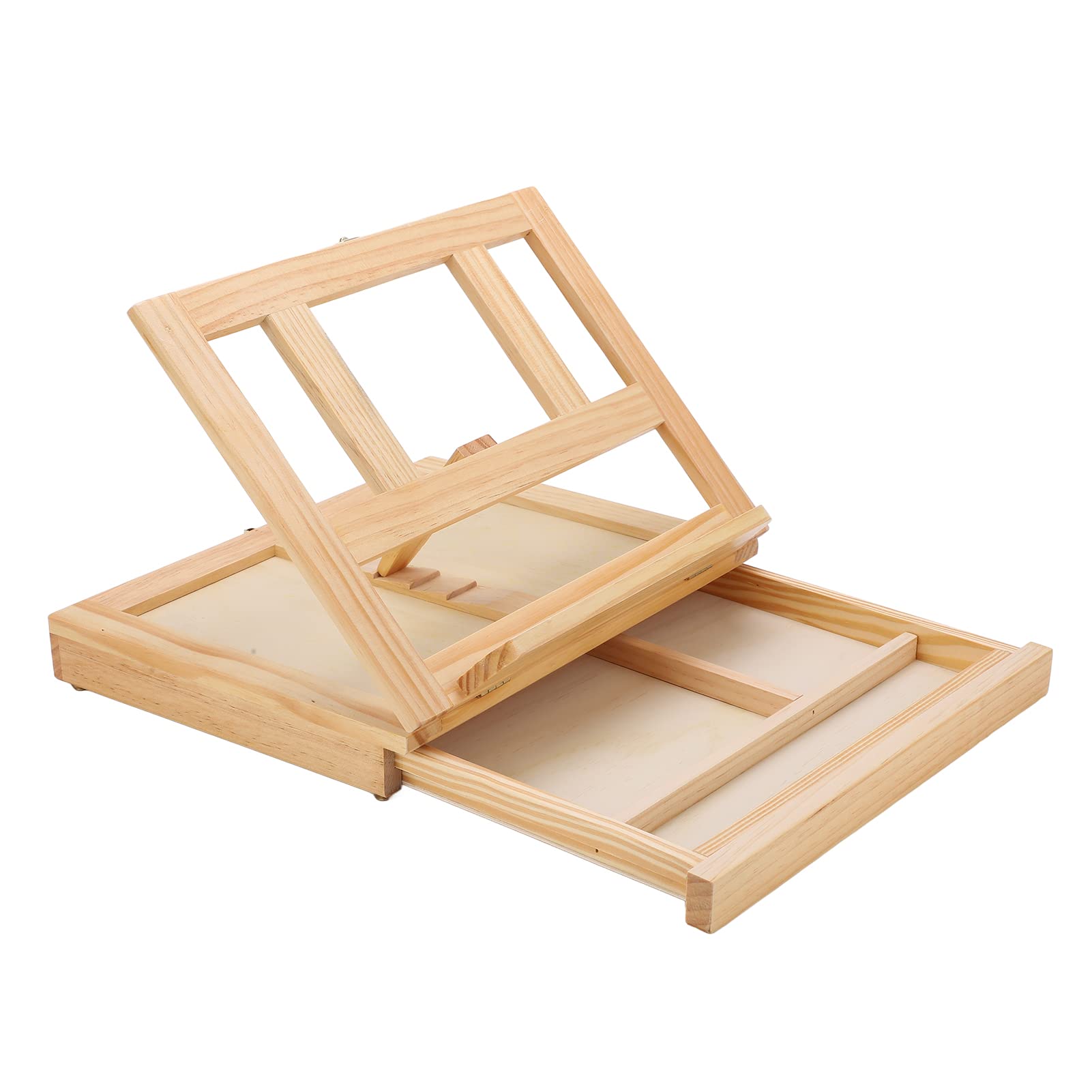 Sorandy Caballete de Mesa, Barra de Riel Ajustable, 4 ángulos, Plegable, Liviano, Resistente, Soporte de Exhibición de Madera de Pino con Cajón para Pinturas, Obras de Arte, Fotos,