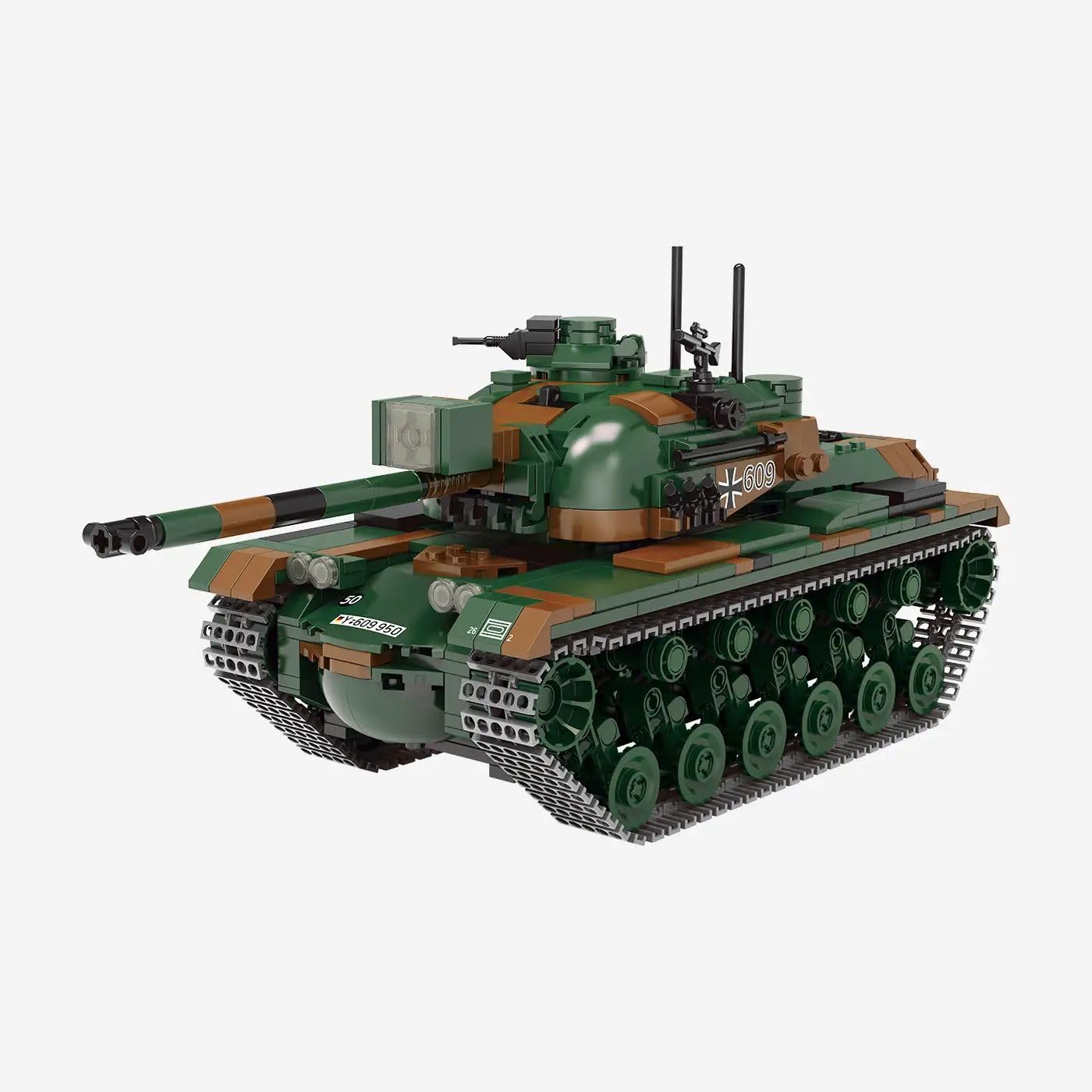 BlueBrixx Pro 109786 Kampfpanzer M48 A2, Bundeswehr, 1148 Klemmbausteine | 296 x 112 x 136 mm, Tarnmuster in Grün und Braun, zwei Antennen, Frontscheinwerfer, markantes Kettenlaufwerk