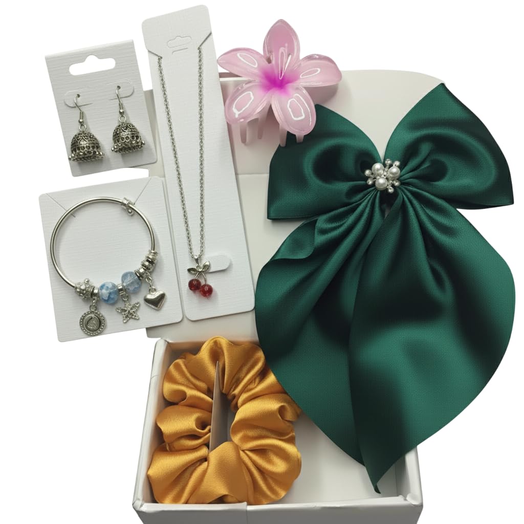 6-Piece Fashion Jewelry & Hair Accessory Gift Set for Women & Girls | Satin Hair Bow, Pendant Chain, Pandora-Style Bracelet, Oxidised Jhumki, Scrunchie & Big Flower Claw Clip | Random Colors & Designs