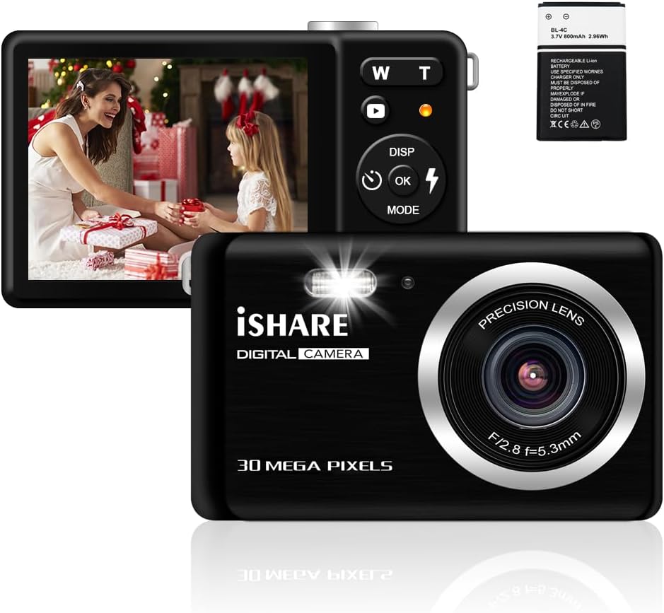 – Small Digital Camera for Photography with 2.8" FHD 1080P 18X Digital Zoom, 30MP Mini Camera Rechargeable Point and Shoot Cameras,Built-in Microphone,Kids Camera with a Battery(Black)