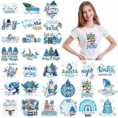 Ferraycle 30 Pcs Winter Iron on Transfers for T Shirts Snow Heat Transfer Blue Ready to Press Decals Stickers Patches Design for Clothing DIY Craft Decoration(Winter Theme)