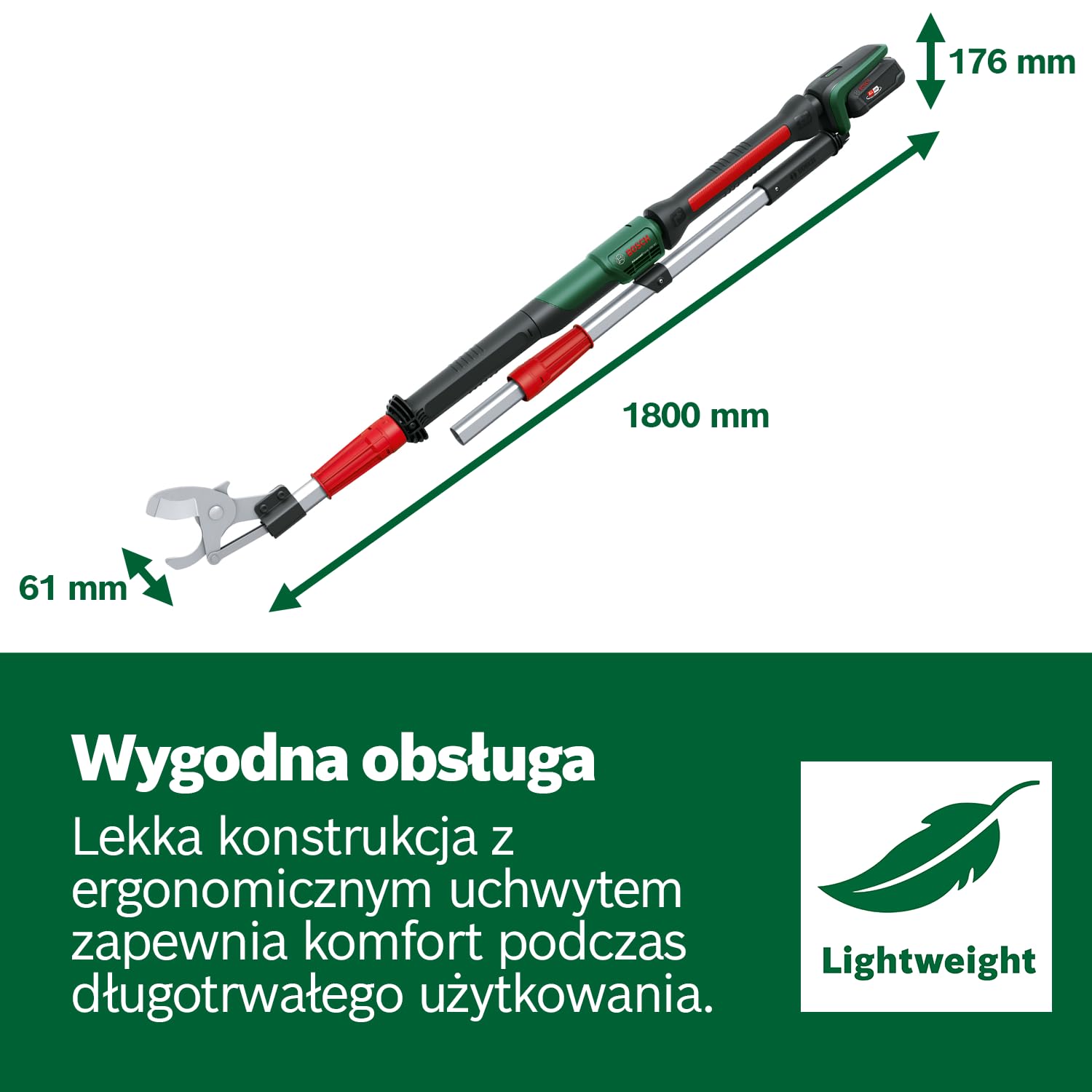 Bosch: sekator akumulatorowy AdvancedPrune 18V-45 (zapewnia łatwe cięcie gałęzi o grubości do 45 mm, system 18V, do 600 cięć, drążek, bez akumulatora i ładowarki)