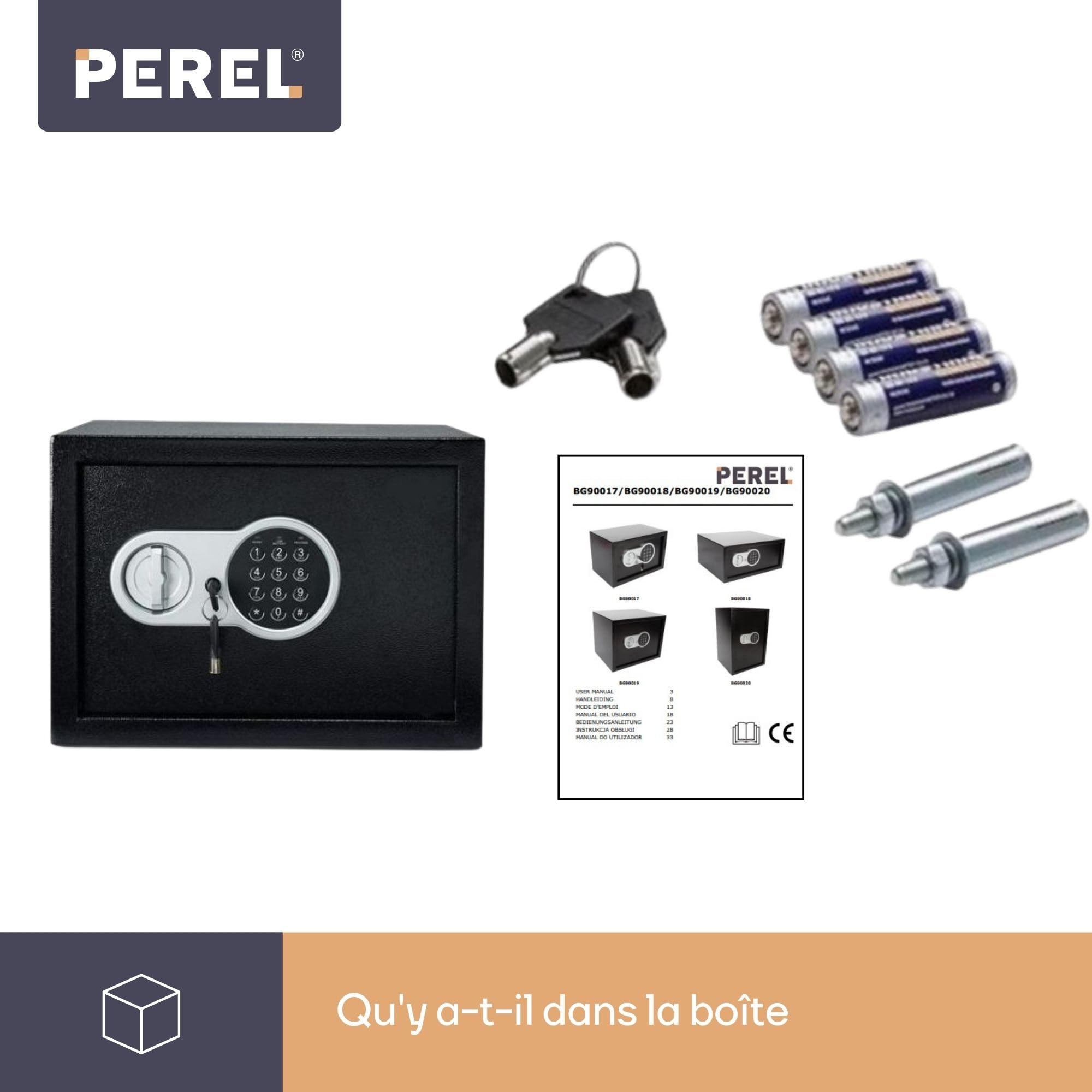Perel Coffre-fort électronique avec code numérique et clé d’urgence, coffre en acier spacieux avec intérieur doux, mini coffre sécurisé pour bijoux, documents et argent, 20x31x20 cm