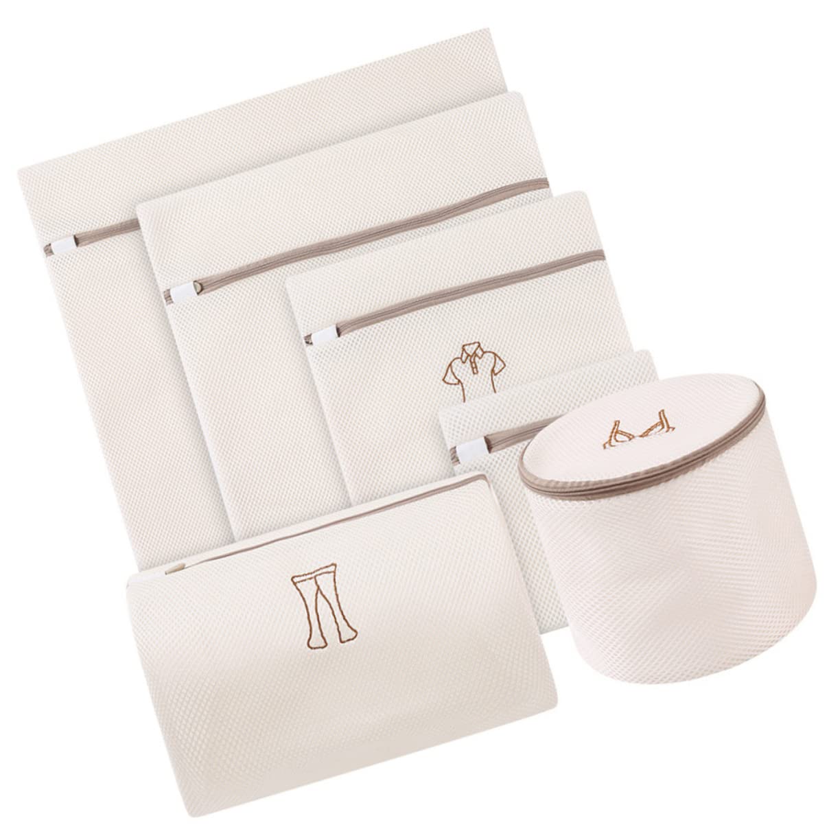 Wäschebeutel 6 Stück aus Polyester, Feines Netz, Beige