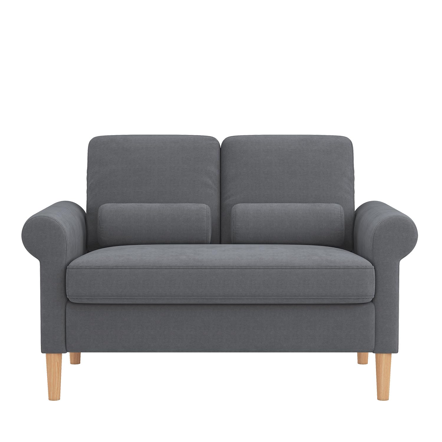 Hroth 2 Seater Fabric Sofa, Compact Upholstered Loveseat with Thick Cushions & Lumbar Pillows, Small Sofa for Living Room, Office & Apartment, Wooden Legs, Grey