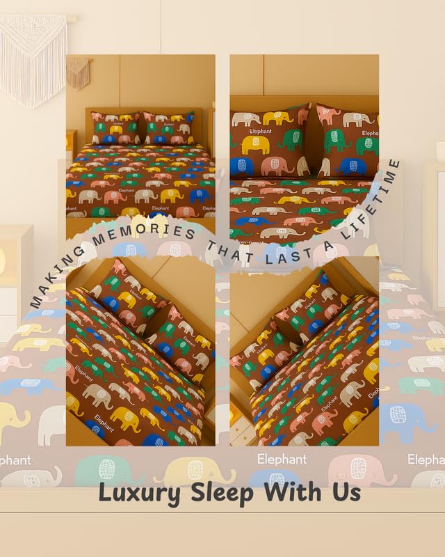 Image of NEW LEAF 320 TC Cotton All Around Elastic Fitted Printed Bedsheets King Size, Premium Fitted Bedsheets King Size for Double Bed with 2 Pillow Covers, Size- 78 inch x 72 inch Brown Elephant