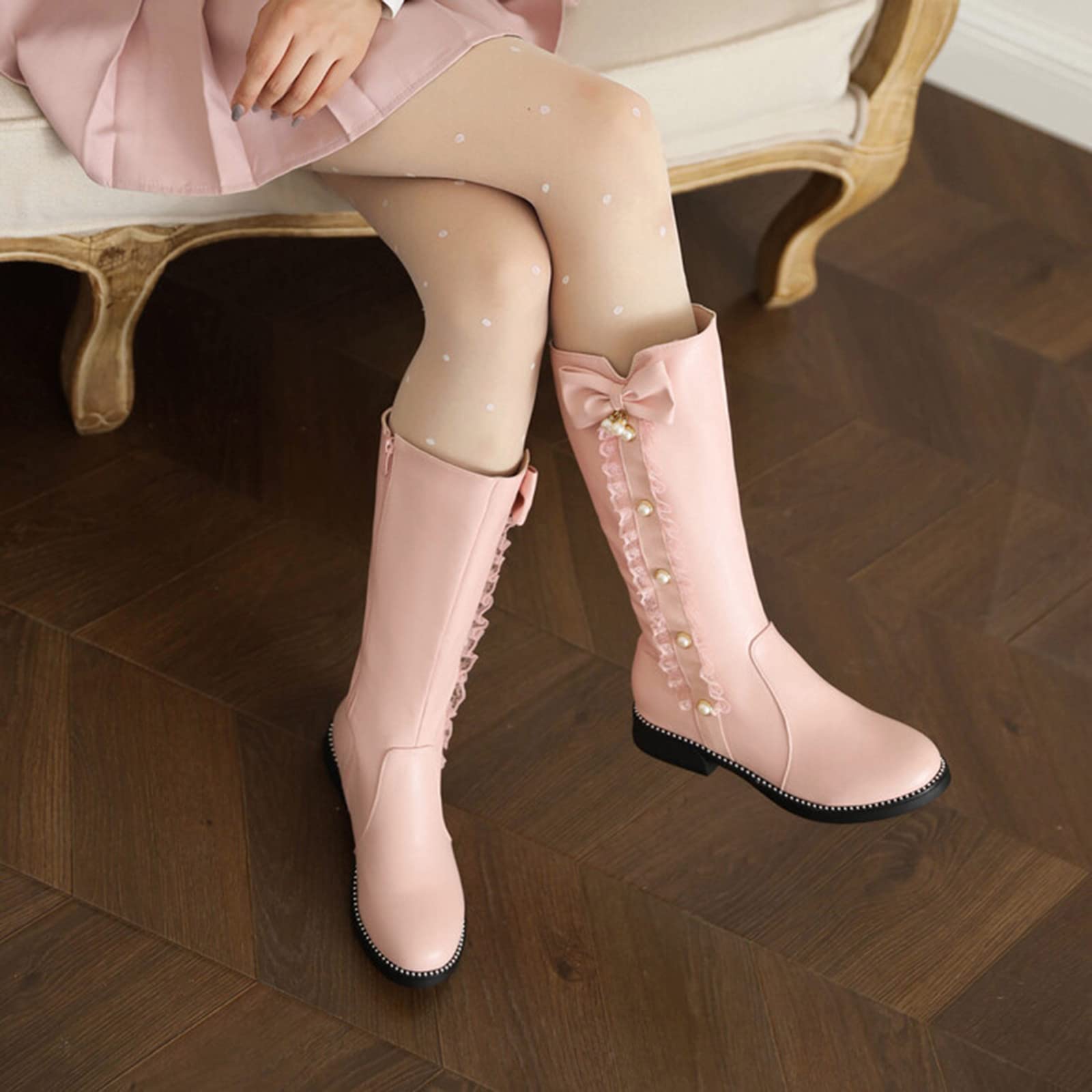 Botas de piel para mujer, con lazo, color liso, punta redonda, tacón cuadrado, media pierna, de piel, talla 8, Pink, 39.5 EU
