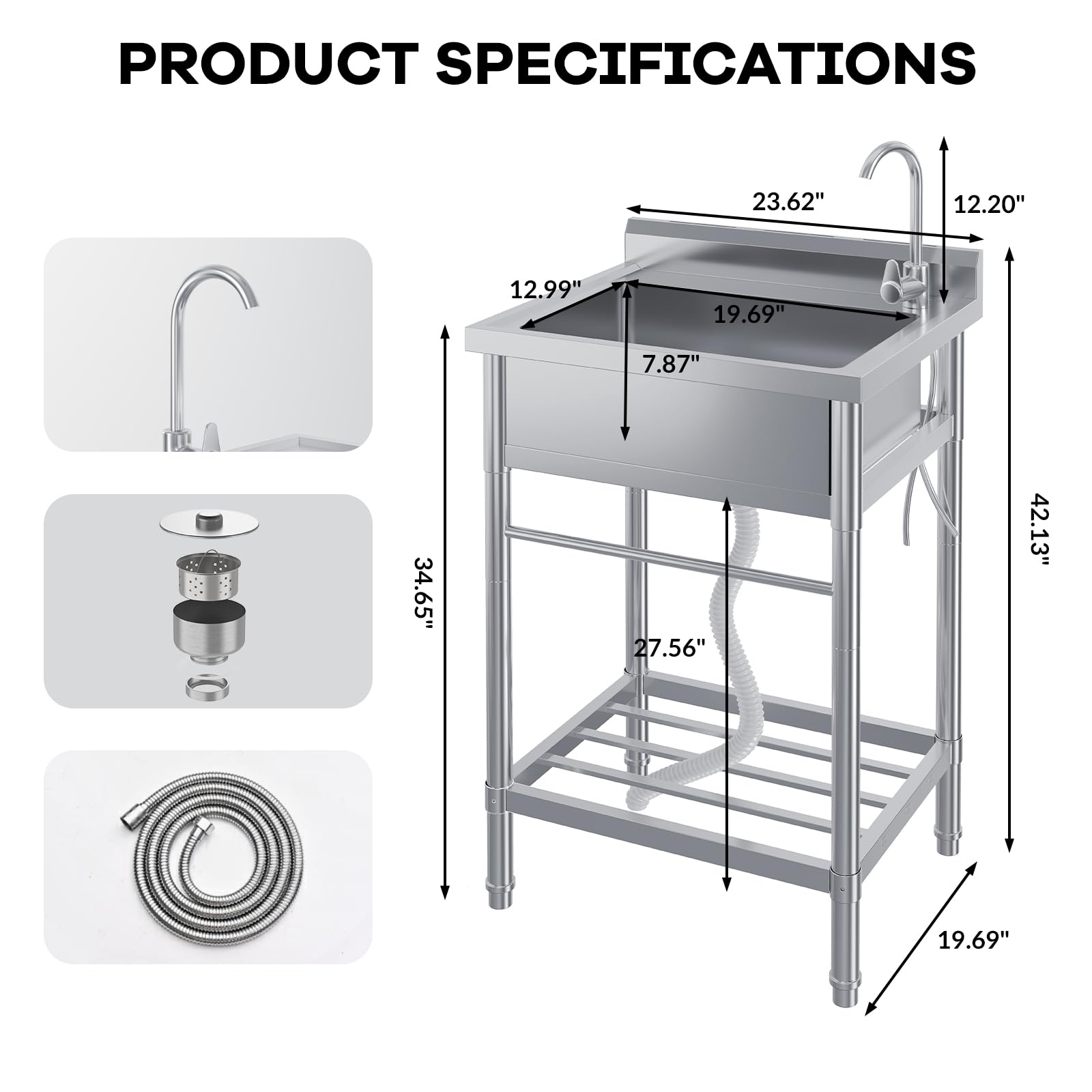 MilleLoom 24" Stainless Steel Utility Sink – Single Bowl Free-Standing With Workbench, Faucet, Hot/Cold Plumbing, Deep Basin For Laundry, Garage, Workshop, Outdoor Use