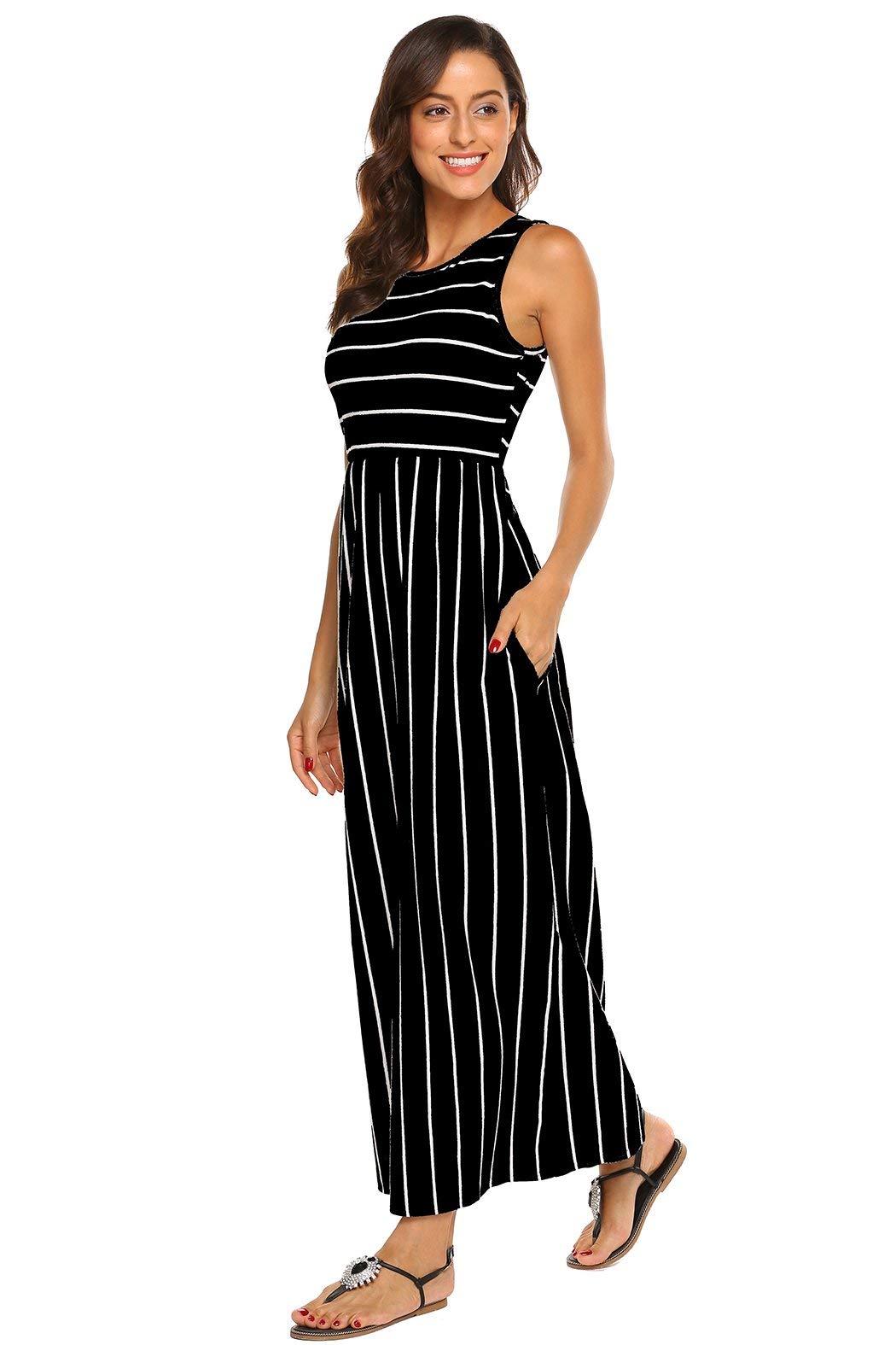 BDTECAOR Maxikleid Damen Sommer Boho Ärmellos Strandkleid Lange Tank Kleid mit Taschen