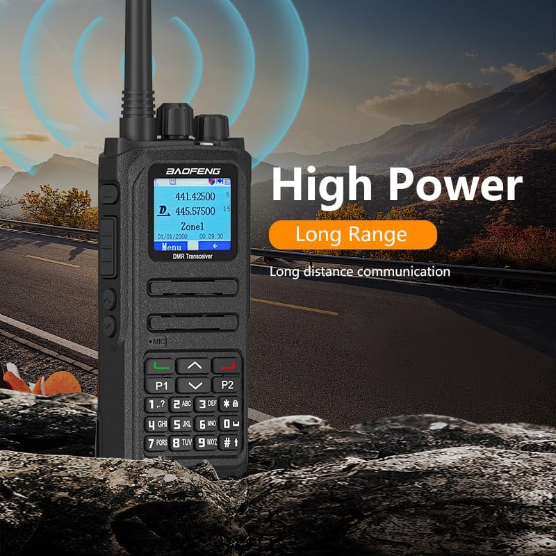 BAOFENG DM-1701A radio in an outdoor setting with text 'High Power Long Range'.
