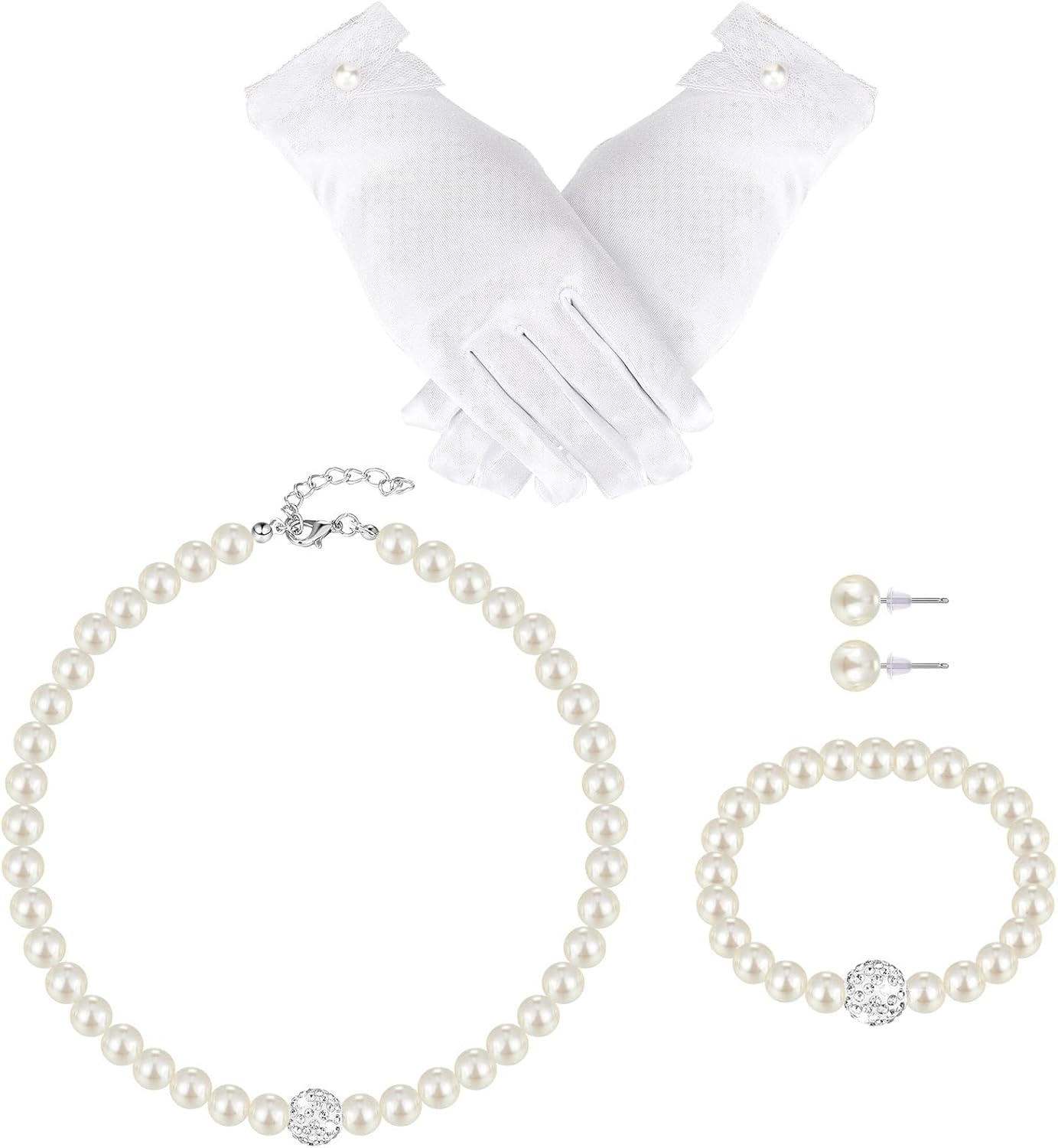 Geyoga 4 Pcs Pearl Necklace Set for Girls Little Girls Tea Party Jewelry White Pearl Earrings Bracelet Sets First Communion Gloves Kit for kids Age 4-12 Years