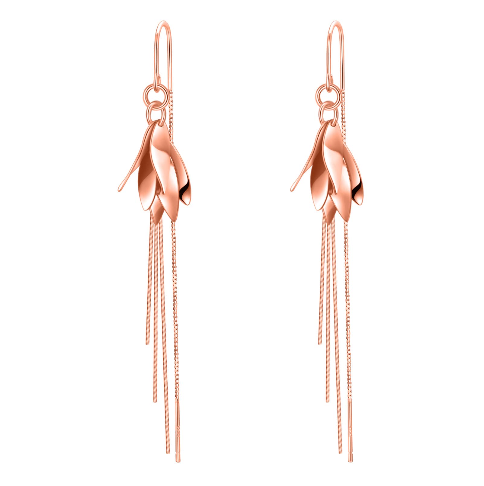 VONALAThreader Earrings for Women 925 Sterling Silver Rose Gold Leave/Flower/Star Dangle Drop Earrings Flower Put Through Earrings Birthday Gift for Teens Girls