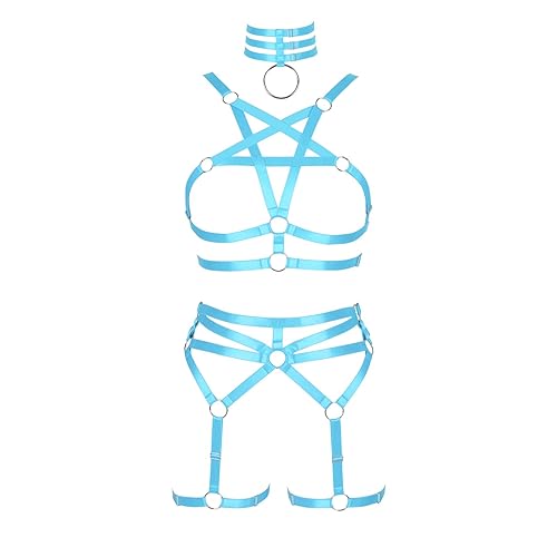 Women's Body Harness Pentagram Bra Set Punk Garter Leg Waist Dance Elastic Gothic Carnival Accessories - Sky Blue
