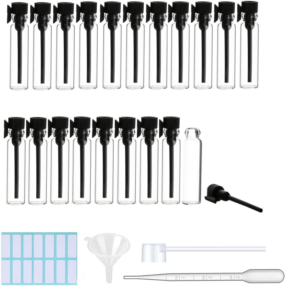 20Pcs Empty Perfume Sample Bottles 3ml Black Cap Essential Oil Test Tube Bottle Mini Glass Refillable Sample Vial Containers for Aromatherapy, Fragrance and Liquid