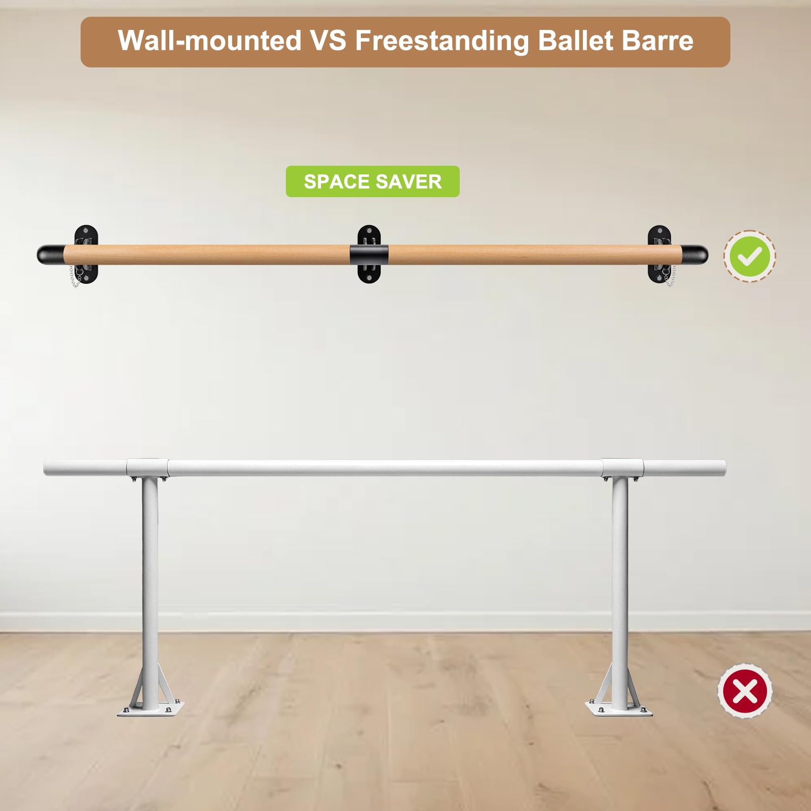 Dolibest Barra de Ballet de Madera 170 cm Ajustable Montaje en Pared 90-250 cm