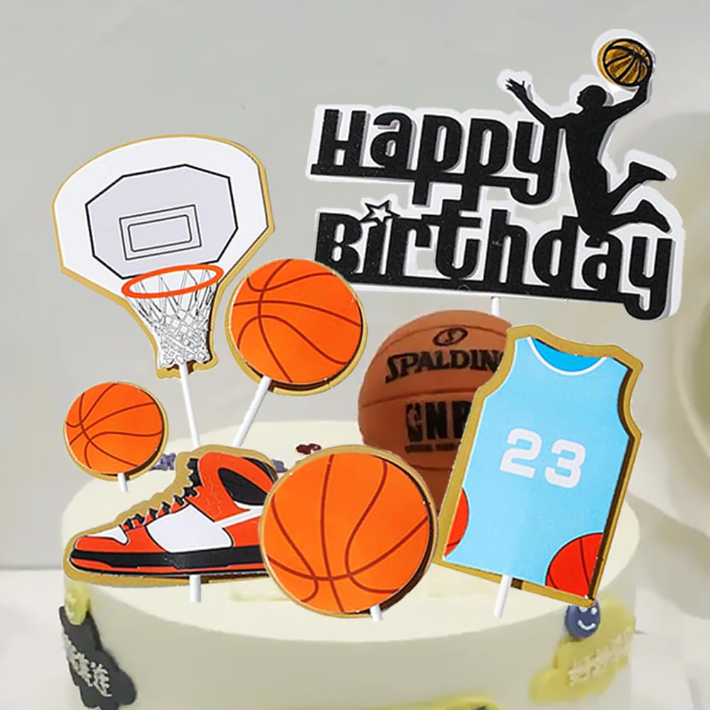 Verjaardag taartdecoratie, 6-delige set, taarttoppers, verjaardagstaart-decoratie voor jongens, basketbal, creatief design, taartdecoratie (Happy Birthday
