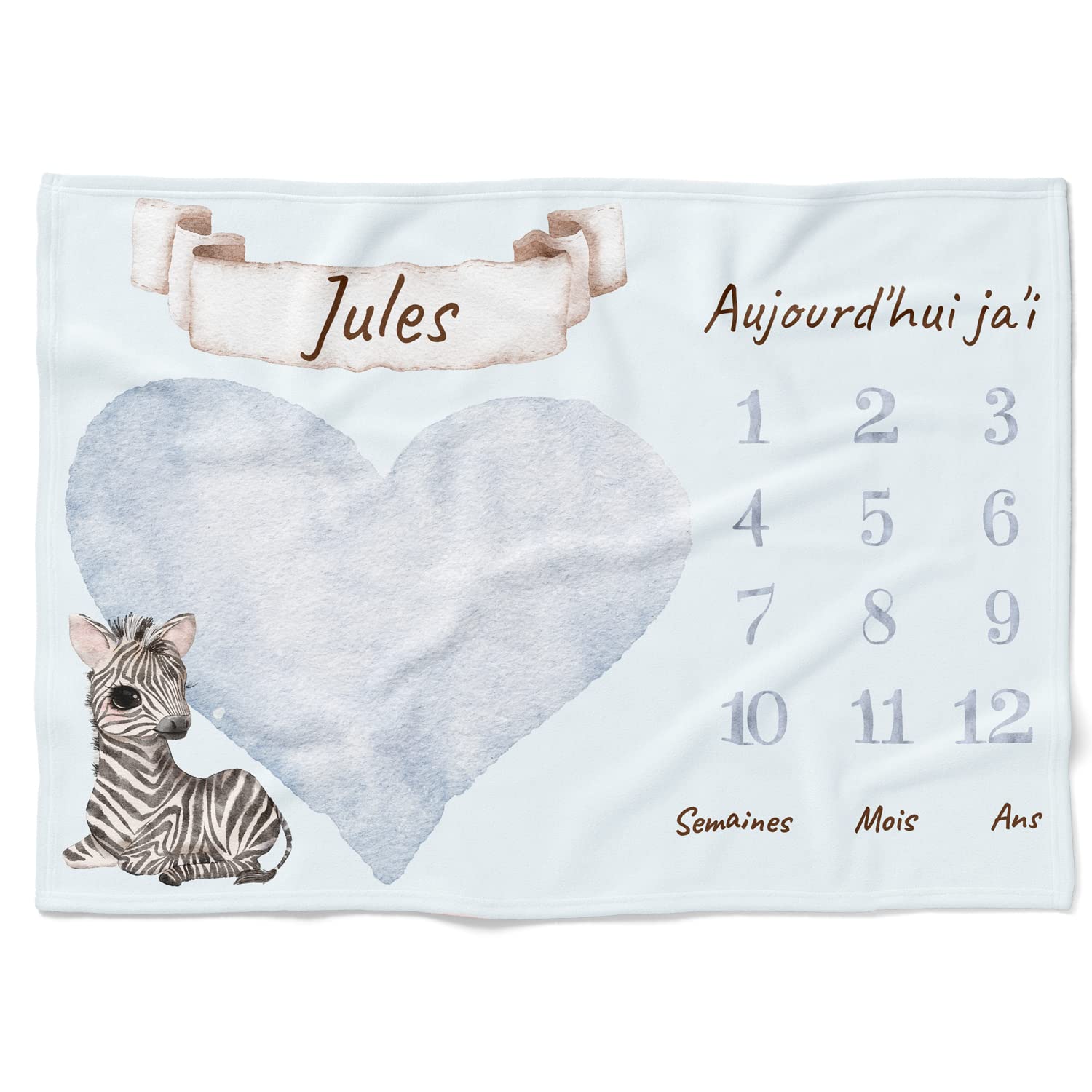 Couverture personnalisée pour bébé Meilenstein avec animal de souhaits, nom et couleur du motif en français, couverture photo pour bébé, couverture mensuelle 80x110cm