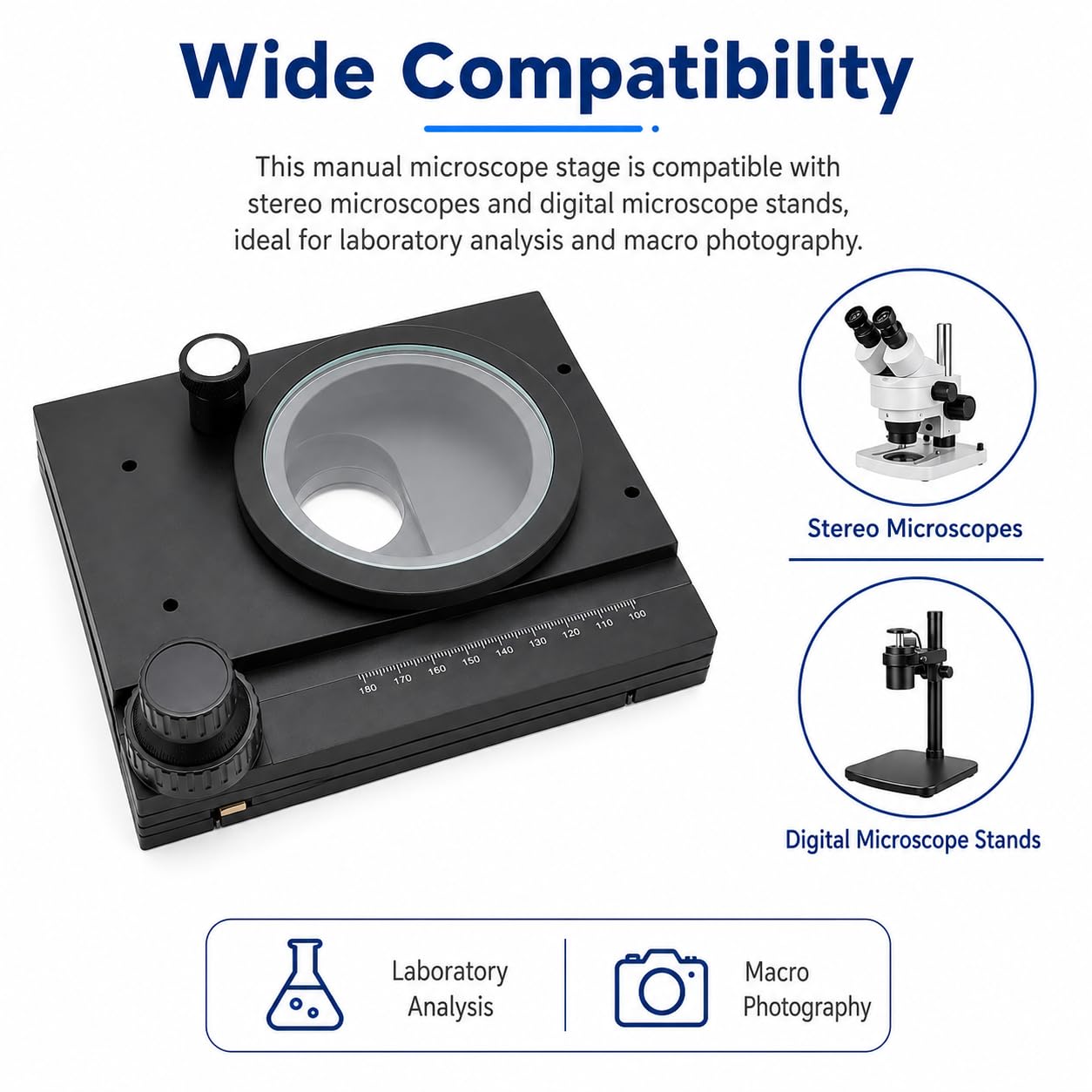 Microscopio giratorio manual XY, 60 x 55 mm, base de 360°