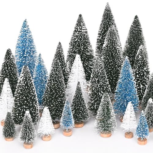 Waipfaru Christmas Decorations, 30 Pcs Blue Bottle Brush Christmas Trees, White Mini Christmas Trees, Miniature Pine Trees for Xmas Tabletop Crafts Indoor Table Home Decor (Blue & White)