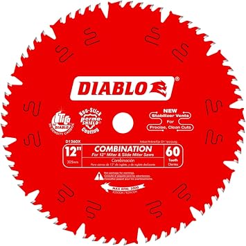 Diablo Combination Saw Blade for Wood - 12" Diameter, 60 Comb Teeth, 1" Arbor, .118" Kerf, 15 Hook Angle, .071" Plate, 6,000 Max RPM - D1260X