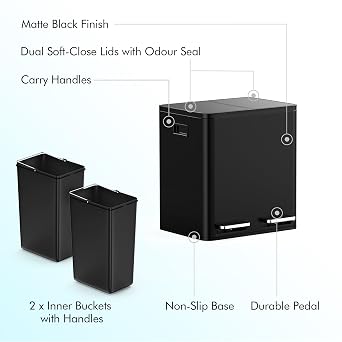 VonHaus Kitchen Bin, 30L Double Recycling Bin for Kitchen, Black