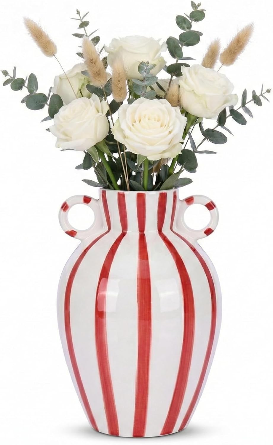 Red and White Elliptical Vase, Modern Checkered Vase with Handles, Ceramic Flower Vases Wide Mouth for Checkered Kitchen Decor and Dining Table, Shelves, Fireplace Centerpieces