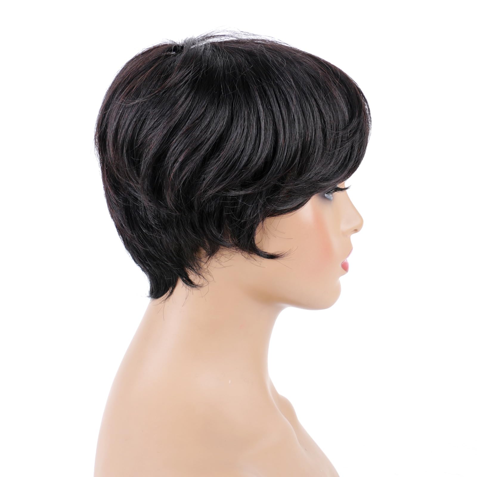 Huarisi Short Layered Pixie Cut Wig with Bangs Human Hair for Black Women Glueless Bob Wigs None Lace Natural Black Straight Breathable Daily Use 1B - Image 3