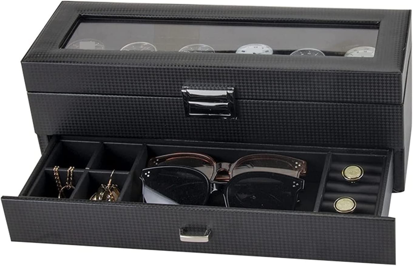 Uhrengehäuse, PU-Leder, doppellagig, 6 Fächer, Uhrenbox mit Schublade, transparente Oberseite, abschließbare Sonnenbrillen-Aufbewahrungsbox, Uhrenbox