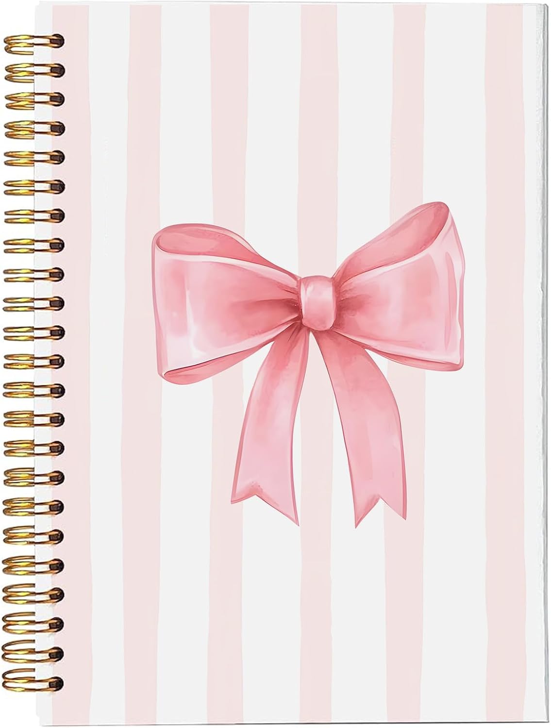 Coquette Pink Bow Striped Spiral Notebook - Preppy Aesthetic Notebook Journal for Women, Coquette Girly Office Supplies, Preppy Bow Notebooks for Note Taking, 5.5x8.3 Inch