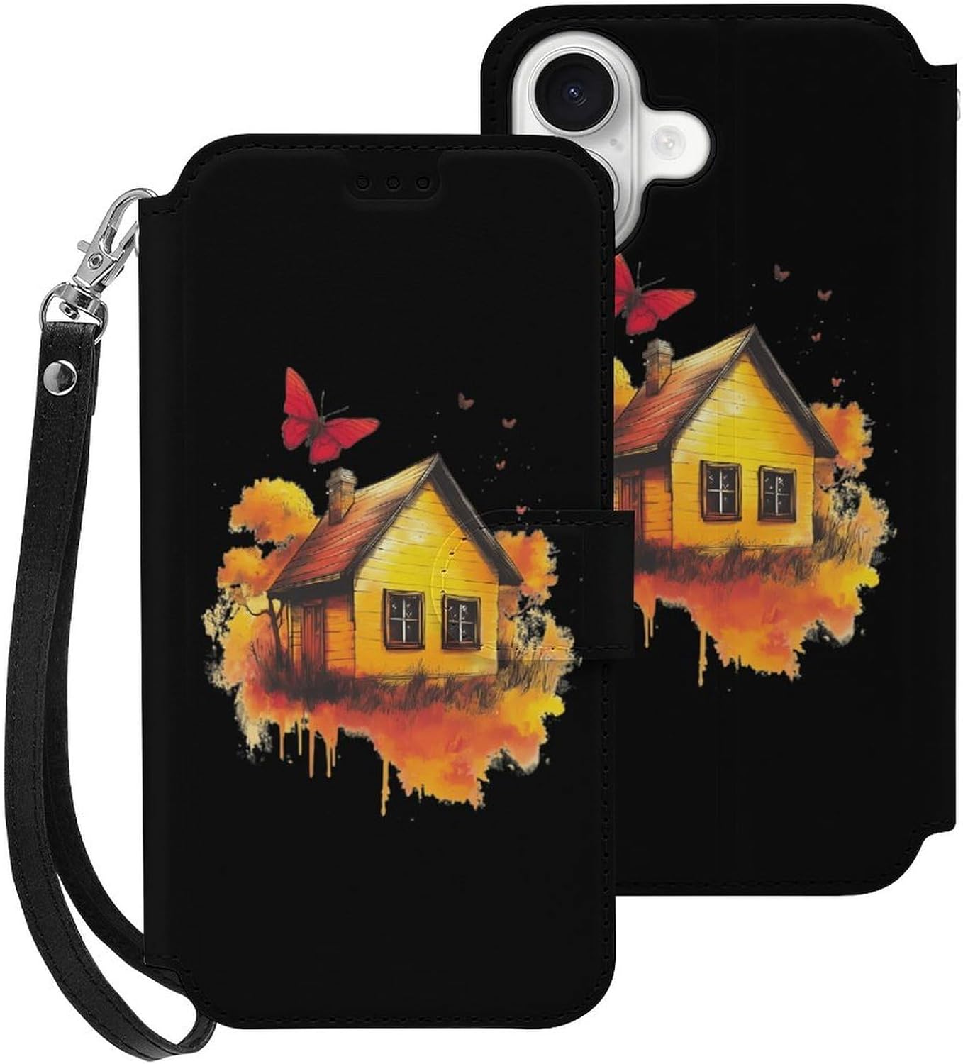 Wood House Butterfly Compatible with iPhone 16/16 Plus/16 Pro/16 Pro Max/16 E Case Phone Wallet Card Holder Flip Cover with Wrist Strap