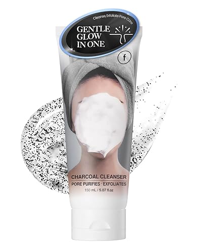 AHA - Limpiador de gel espumoso de carbón para el acné, purificador de poros, exfoliación ligera, formulación vegana sin sulfatos con polvo de