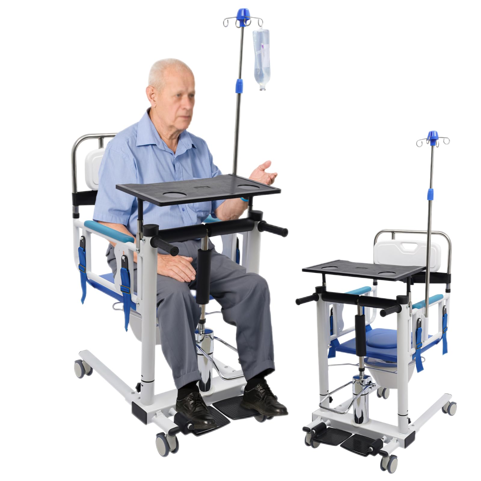 Hydrauliczny podnośnik dla pacjentów, wielofunkcyjne krzesło do transferu pacjentów, krzesło toaletowe dla seniorów, z blatem do jadalni i stojakiem na infuzję, nośność 120 kg, w domu opieki