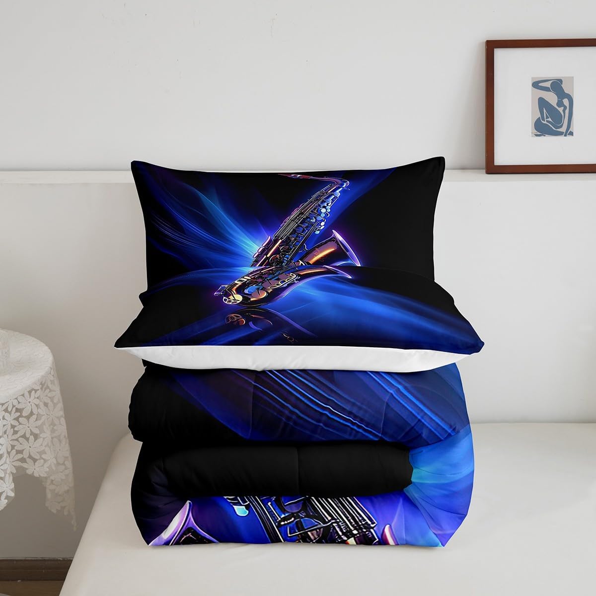 Feelyou Classic Music Beddinig Set Cool Saxophone Comforter Set for Kids Boys Girls Jazz Funky Design Comforter Musical Instrument Blue Quilt Collection 3Pcs Queen Size Boys