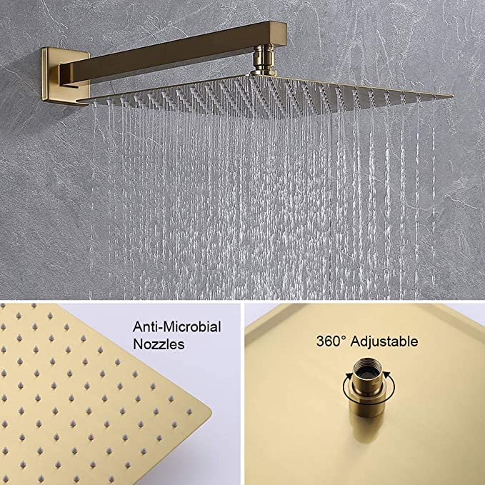 Image of TOSCH Stainless Steel 304 12X12 INCHES Showerhead Grade High Pressure GOLD Square Extra Heavy Rainfall Ultra Slim Ceiling or Wall mount Overhead Shower Only (WITHOUT ARM) Gold Matte Finish (Series-Super Heavy)