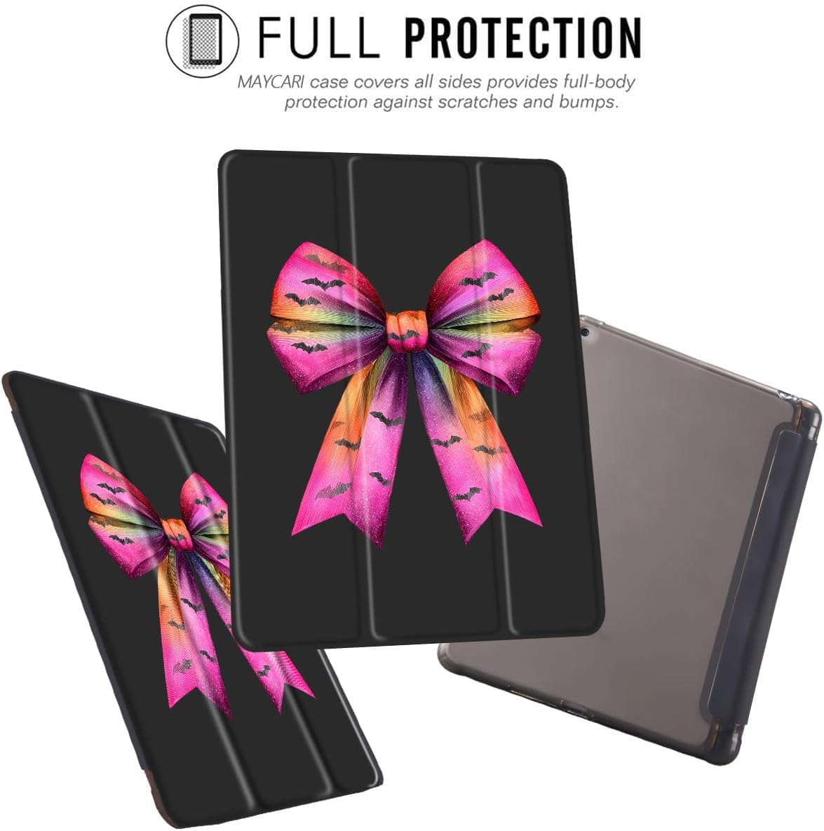 Coque fine d'Halloween pour iPad 10,2" 2021/2020/2019 avec porte-crayon, chauve-souris et nœud violet original pour iPad 9e/8e/7e génération, coque de protection arrière en TPU souple, mise en