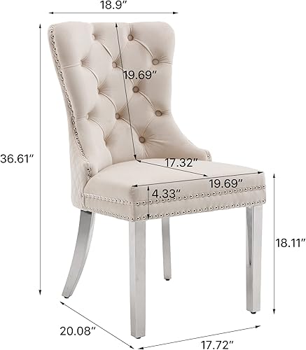 Miniatura 3 de KCC Juego de 2 sillas de comedor tapizadas de terciopelo, modernas sillas capitoné con botones con anillo de cabeza de león y patas de acero