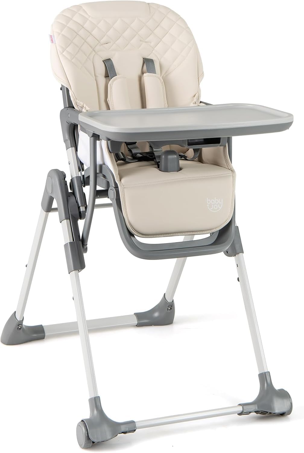 LIFEZEAL Trona Plegable para Bebé 6 a 36 Meses con Asiento Infantil Ajustable 5 Alturas 2 Posiciones de Reclinado Bandeja de 3 Niveles Portátil con 2 Ruedas Color Beige Gris (Beige)