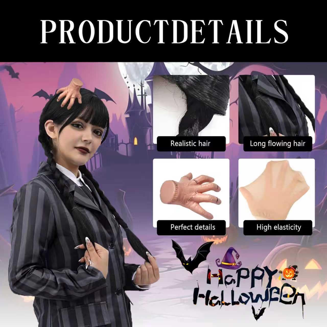 Parrucca nera lunga Wednesday Costume da donna Morticia Addams Costume parrucca nera collana gotica accessori costume parrucca strega per cosplay, Halloween, carnevale e feste a tema