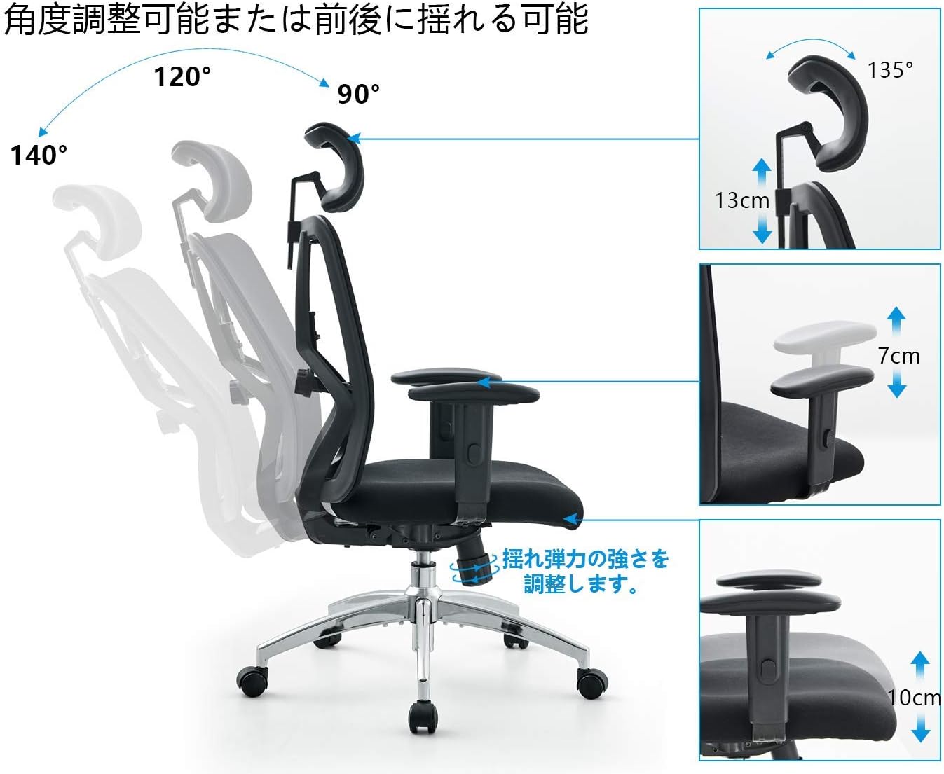 Amazon Ticova オフィスチェア 人間工学椅子 調節可能 な腰サポーとヘッドレストとアームレスト付き 厚手座面 140度リクライニングチェア 搖りチェア パソコンチェア デスクチェア ハイバック事務椅子 メッシュチェア デスクチェア 文房具 オフィス用品