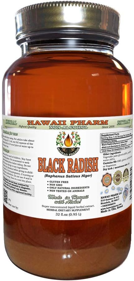 Hawaii Pharm Black Radish Alcohol-Free Liquid Extract, Black Radish (Raphanus Sativus Niger) Dried Root Glycerite Natural Herbal Supplement 4x4 oz
