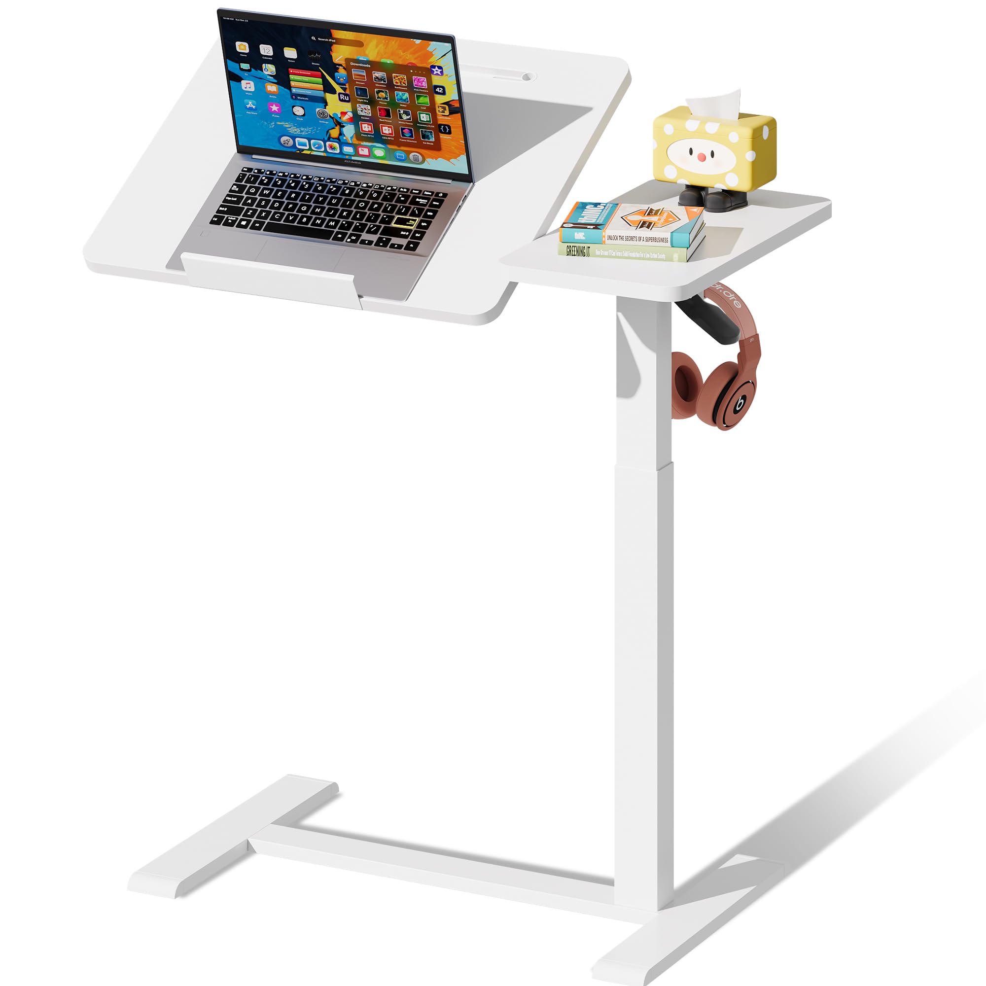 EKNKOZY Standing Desk, Medical Overbed Table with Rolling Tray, Dual Pneumatic Angle and Height Adjustable Desk, Portable Side Table with Hidden