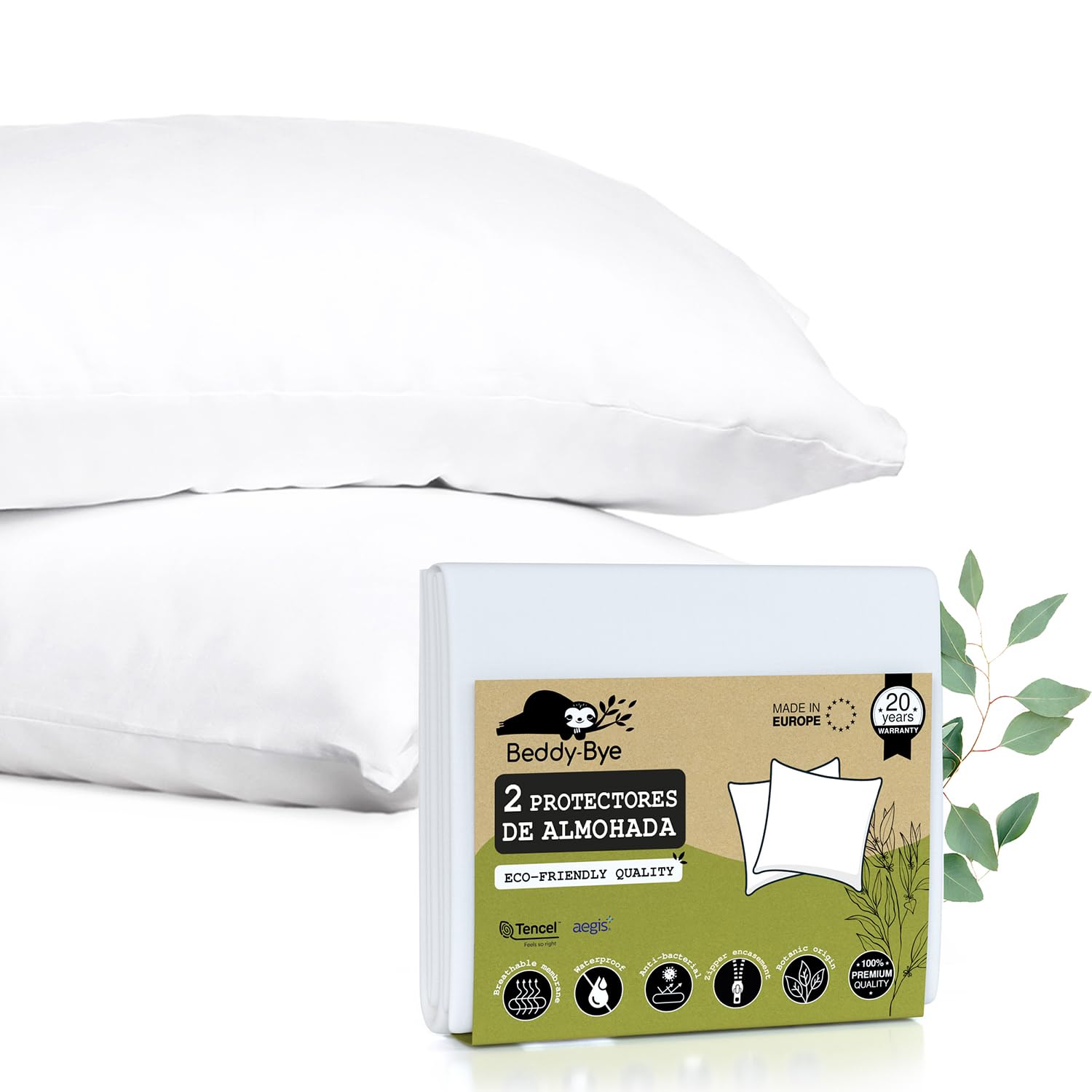 Funda Protectora Almohada 50x70 cm (Pack 2) en Tencel™ Impermeable con Cierre de Cremallera - Certificado Oeko-Tex® en Fibra Ecológica y Sostenible Aegis