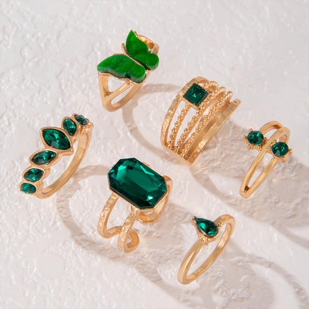 Dainty Gold Green Crystal Butterfly Square Rings Stacking Set Statement for Women, Vintage Cubic Zirconia Water Tear Drop Knuckle Ring Stackable Jewelry - Image 6