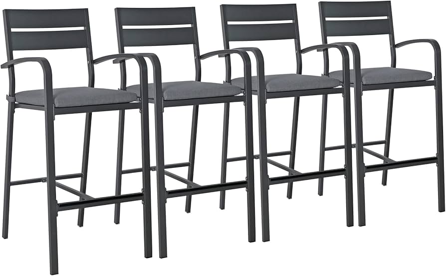 Soleil Jardin Outdoor Bar Stools Set of 4 All-Weather Aluminum Barstools Bar Height Patio Chairs with Cushions for Backyard Balcony Pool, Dark-Grey