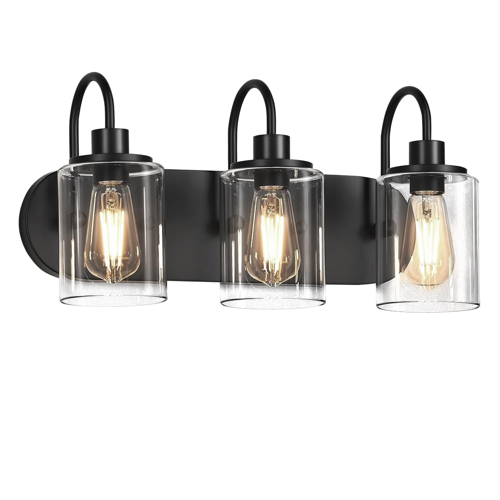 Vanity Light Fixtures With Clear Glass Shades - 3-Light Black Bathroom Light Over Mirror - Modern Wall Lamp for Bathroom, Bedroom, Living Room, Hallway, Porch